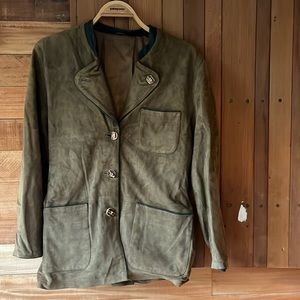 Moss green leather jacket, fully lined, antler buttons.